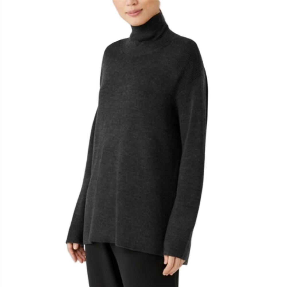Eileen Fisher Merino Wool Charcoal Boxy Fit Drop Shoulder Turtleneck Sweater